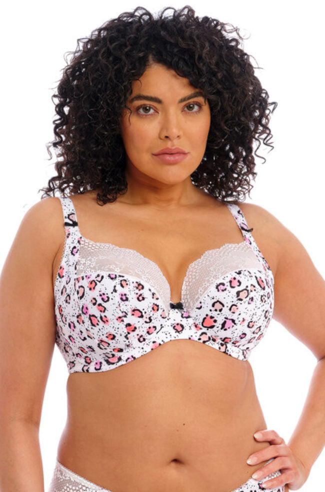ELOMI Lucie UW Plunge Bra with stretch lace in Rumble, F cup, featuring supportive underwire and elegant lace detail.
