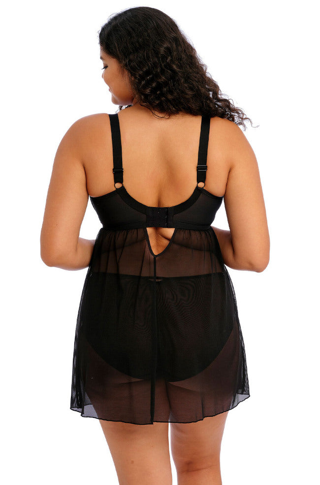 Black ELOMI Sachi Baby Doll bra with 12H cup, featuring delicate lace and supportive design for a comfortable fit.