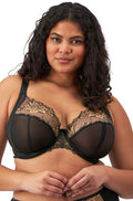Almond plunge bra with lace detailing, underwires, and adjustable straps by ELOMI, available in size 10H.