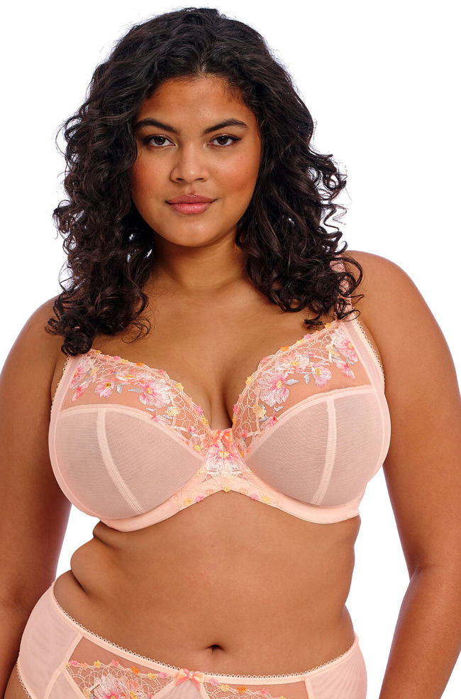 Elomi Himari peach plunge bra with embroidered full cup and bow detail