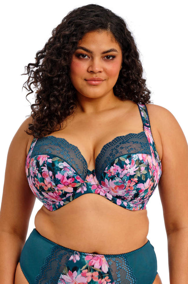 ELOMI Lucie underwire plunge bra in teal floral print, featuring a supportive design and floral pattern, F-J cup sizes.