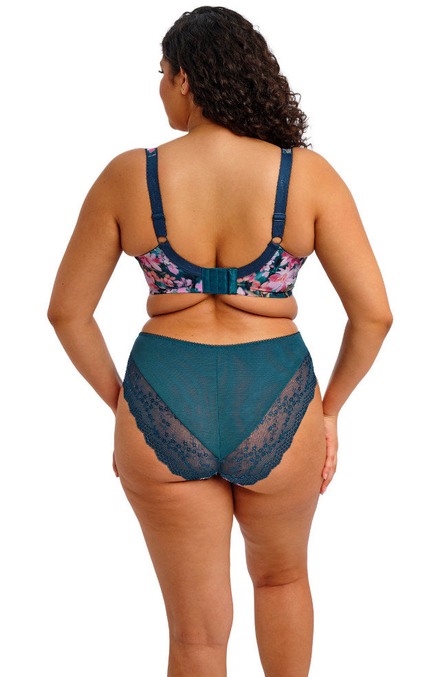 Teal floral stretch lace high leg brief by Elomi in sizes M-4L, featuring a blurred floral print design.