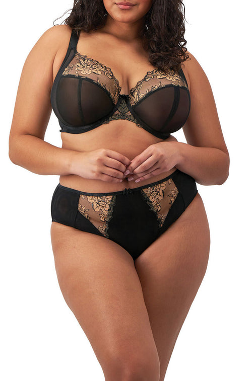 Almond and black padded half cup bra by Elomi, featuring stylish lace detailing and adjustable straps.