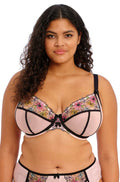 Elomi Carrie embroidered plunge bra in ballet pink with black contrast elastic and bow detail, size 10H