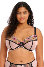 Elomi Carrie embroidered plunge bra in ballet pink with black contrast elastic and bow detail, size 10H