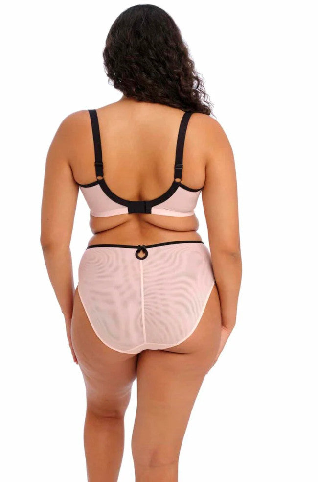 Ballet pink plunge bra with black contrast elastic and bow detail, size 10H by Elomi