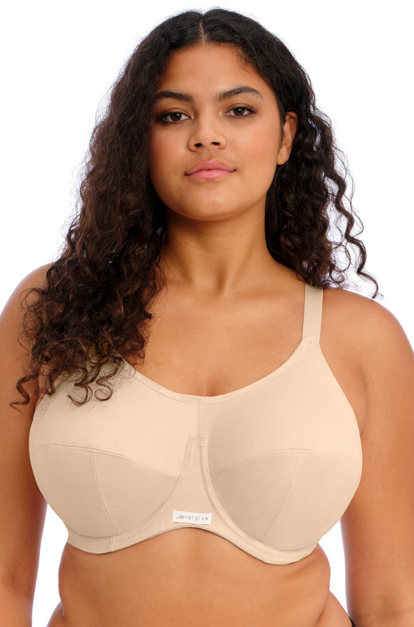 ELOMI Energise Sports Bra in nude, black breathable fabric with supportive design and adjustable straps, for active wear.