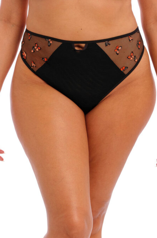 Elomi Sachi embroidered G-string underwear in semi-sheer black with butterfly embroidery, designed for comfortable fit.