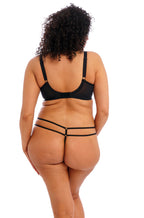 Elomi Sachi embroidered G-string underwear in butterfly black semi-sheer fabric, featuring delicate embroidery and minimal coverage.