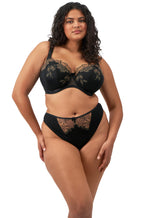 Almond-colored Elomi Teagan thong underwear with lace detailing, available in sizes 2L, 3L, and L.