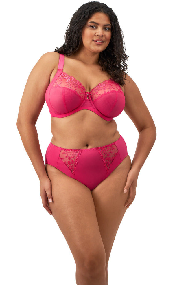 Elomi Zarla underwire bra in Love Potion, featuring stretch band and intricate lace design, available in F cup sizes 14-18.