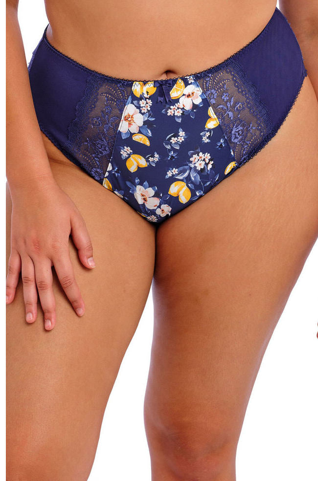 Black lace-trimmed Morgan High Leg Brief in Sunset Sicilia by Elomi, available in sizes 2L, 3L, and 4L