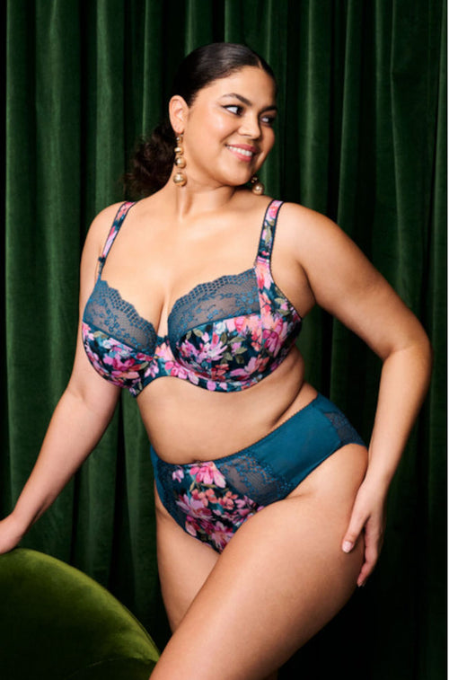 Teal floral plunge bra by Elomi, designed for support with a deep neckline, available in sizes 14, 16, and 18 F cup.