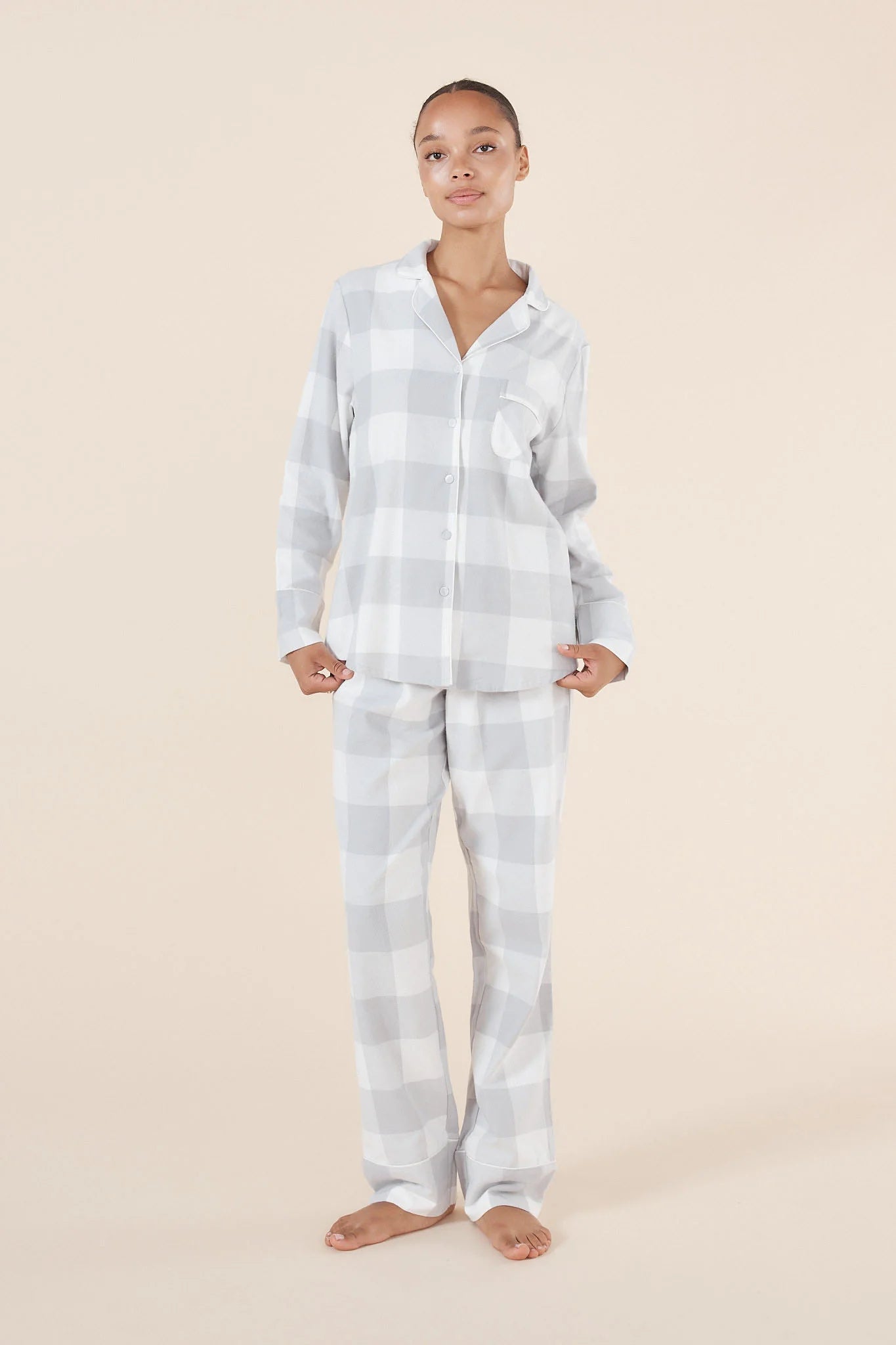 Emery Buffalo Check cotton pajama set by Ginger Lily featuring long-sleeve top and matching pants for comfortable sleepwear.