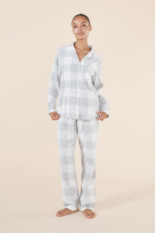 Emery Buffalo Check cotton pajama set by Ginger Lily featuring long-sleeve top and matching pants for comfortable sleepwear.