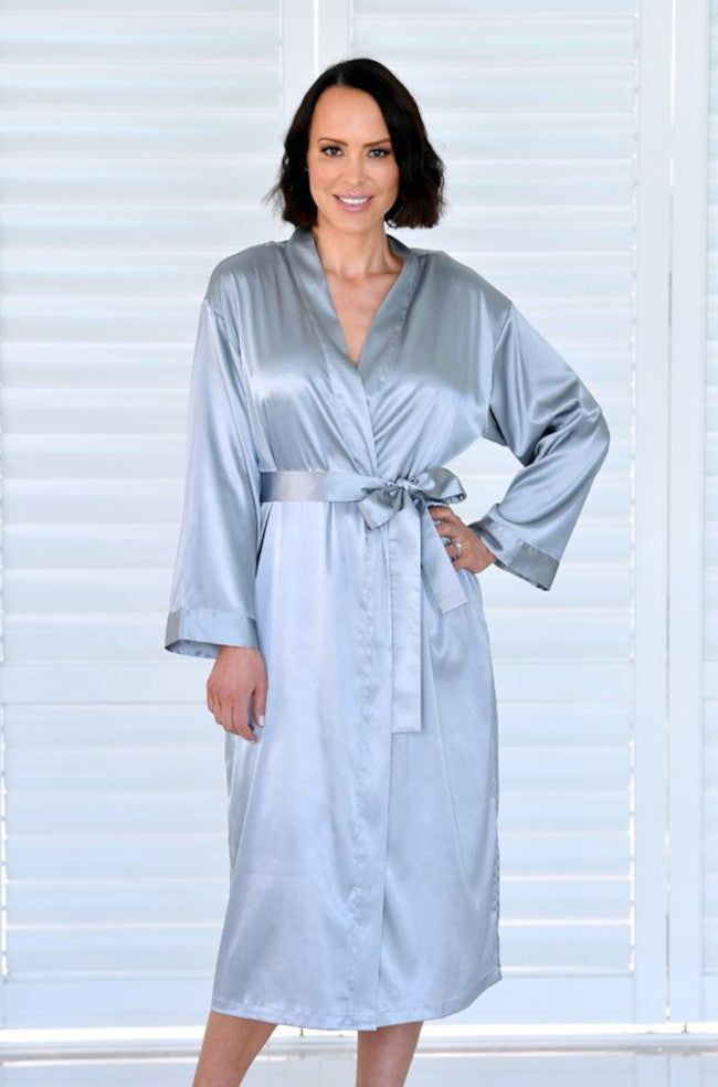 Silver satin long robe with draping design from Envy Sleepwear, perfect for luxurious loungewear.