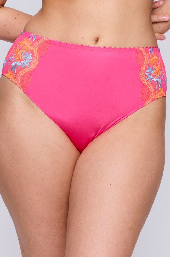 Hot pink high waisted embroidered brief from Prima Donna, size XL, featuring intricate floral detailing