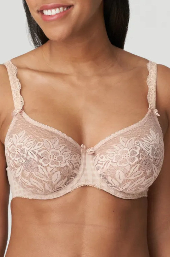 Latte-colored Madison UW Tee-shirt Bra by Primadonna with contouring design in D cup sizes 10, 12, 14.