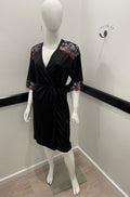 Black and red Leah dressing gown, soft fabric, available in sizes 8 and 12 from Essence
