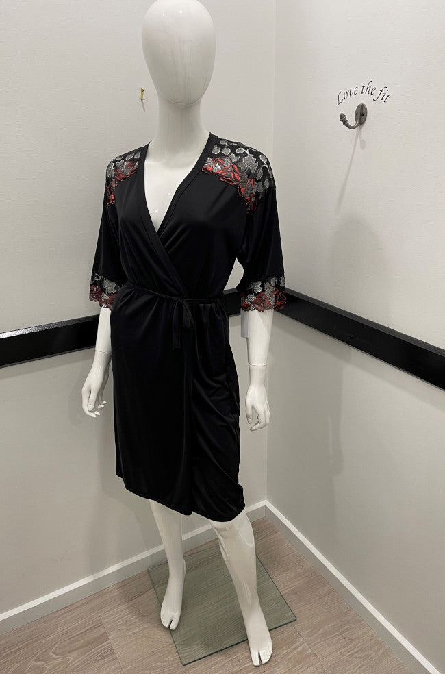 Black and red Leah dressing gown, soft fabric, available in sizes 8 and 12 from Essence