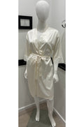 Ivory short satin robe by ESSENCE with a smooth finish, perfect for loungewear and sleepwear.