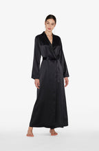 Black satin long sleepwear robe from ESSENCE featuring a sleek design, displayed on a hanger.