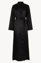 Black Beck satin robe by ESSENCE, long sleepwear with a smooth satin finish, shown hanging or laid flat. Size S only.