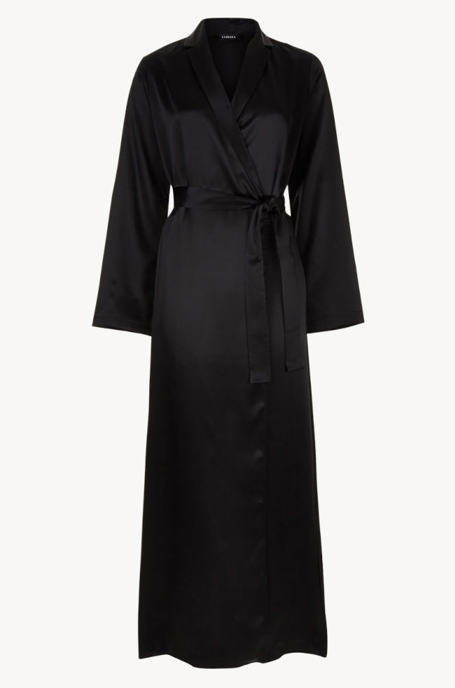 Black Beck satin robe by ESSENCE, long sleepwear with a smooth satin finish, shown hanging or laid flat. Size S only.