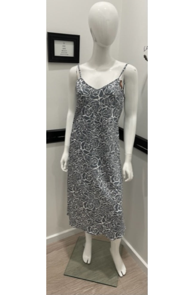 Silver satin Kate Chemise slip by ESSENCE, featuring delicate straps and a smooth finish, available in sizes 2L, L, M.