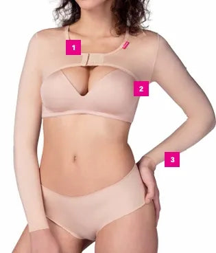 Anita arm compression garment, beige color, snug fit, designed for arm support and compression therapy, shown on a model.