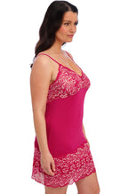 Fantasie Emmaline chemise in cerise pink with multi-tone lace, adjustable straps, and a flowing silhouette