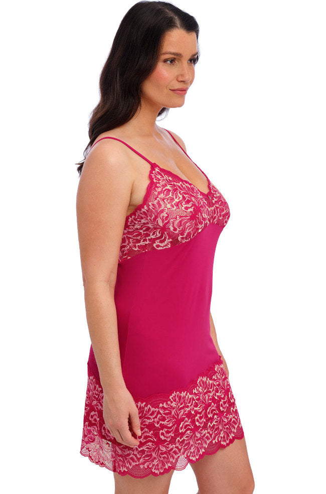 Fantasie Emmaline chemise in cerise pink with multi-tone lace, adjustable straps, and a flowing silhouette