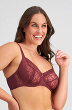 Windsor Wine underwire bra with lace detailing by Fayreform, available in sizes 18D and 16F