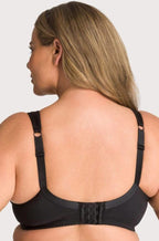 Charlotte Black Underwire Bra by FAYREFORM, full coverage lace design, adjustable straps, DD cup sizes 16-18.