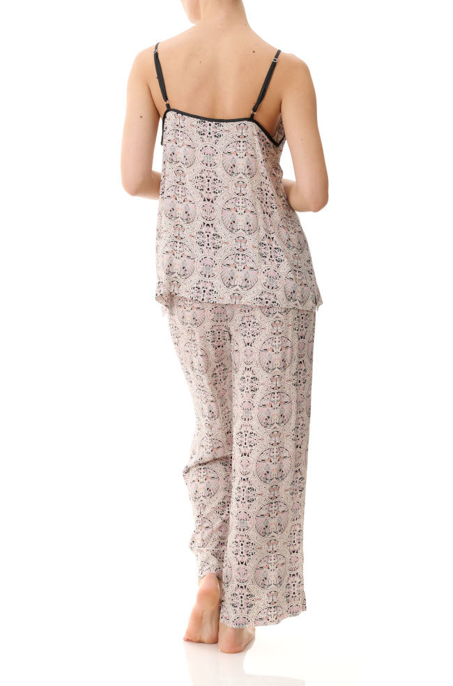 Florence Broadhurst almond viscose camisole PJ set featuring bird print and adjustable straps, size XL