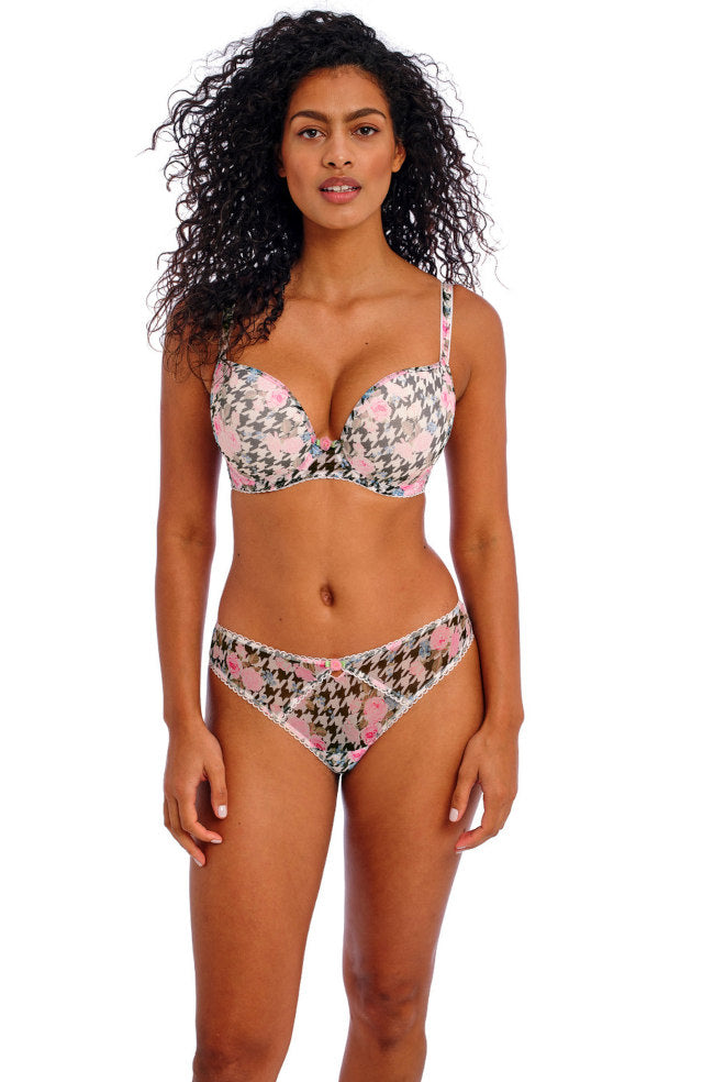 Multicolor Rose Blossom UW Moulded Plunge Bra by FREYA, featuring D cup sizes and floral pattern design.