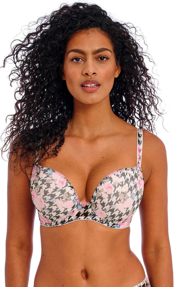 Multi-color plunge bra with moulded cups, featuring floral rose design by FREYA, available in size 10 D cup.