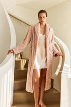 Pink Gabriella Plush Long Robe by Ginger Lily, cozy sleepwear with soft fabric and the robe draped open on a neutral background.