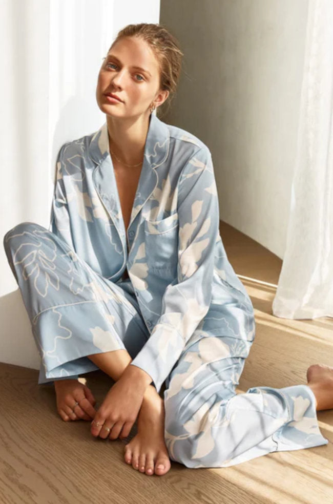 Blue botanical print pyjama set from GINGER LILY, featuring short sleeves and comfortable fabric, available in sizes XS, S, 