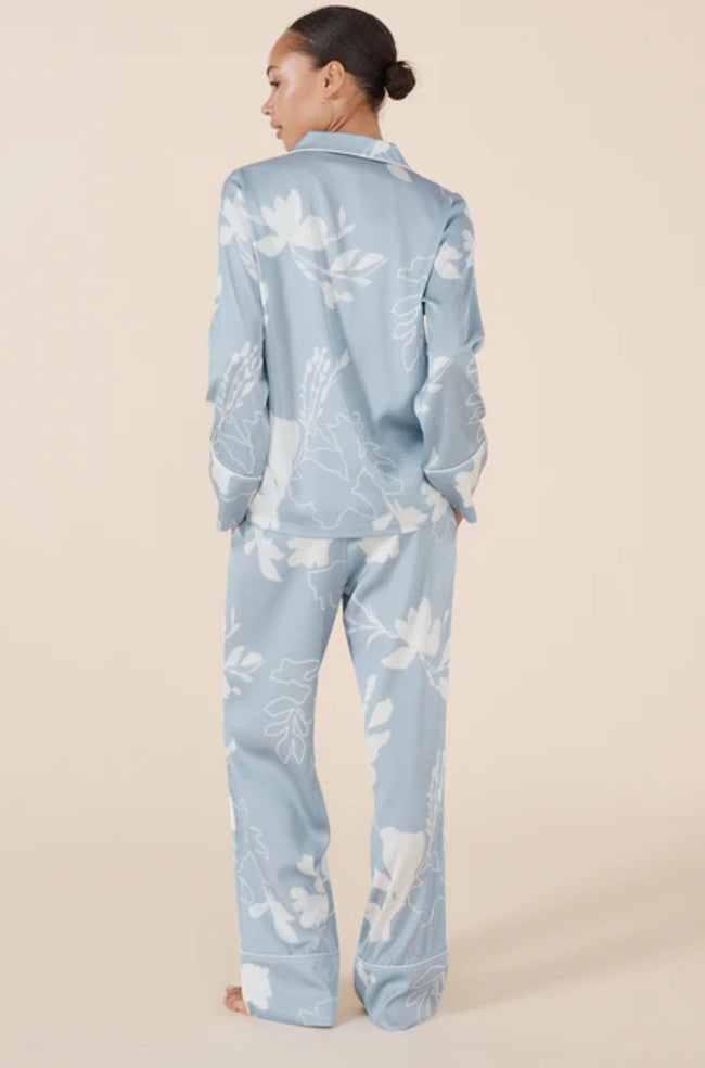 Blue recycled satin sleepwear pyjama set with botanical print, button-through top from GINGER LILY