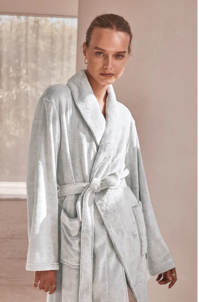 Soft grey plush robe with pockets, long wrap gown style by GINGER LILY