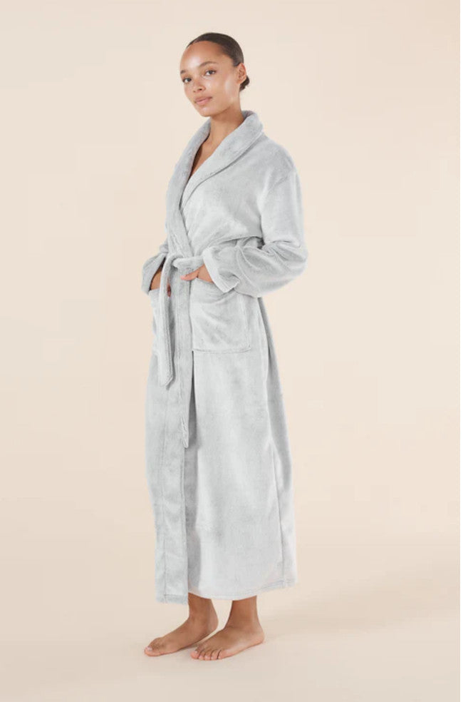 Grey plush long robe with pockets, soft poly material, by GINGER LILY, available in sizes S, M, L
