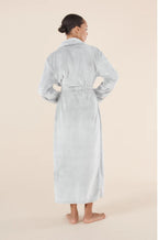 Soft grey plush long robe with pockets, wrap style, by GINGER LILY, available in sizes S, M, L.