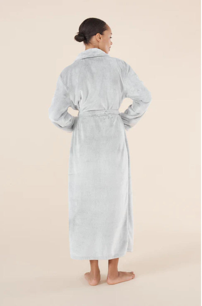 Soft grey plush long robe with pockets, wrap style, by GINGER LILY, available in sizes S, M, L.