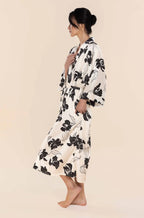 Ivory silky satin long robe made of recycled polyester, featuring an adjustable waist, ideal for bridal loungewear.