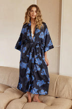 Navy silky satin long robe by Ginger Lily, featuring a smooth finish and elegant dressing wrap style.
