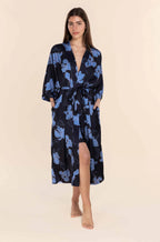 Navy silky satin long robe by GINGER LILY, featuring adjustable tie and maxi wrap style, made from recycled polyester.