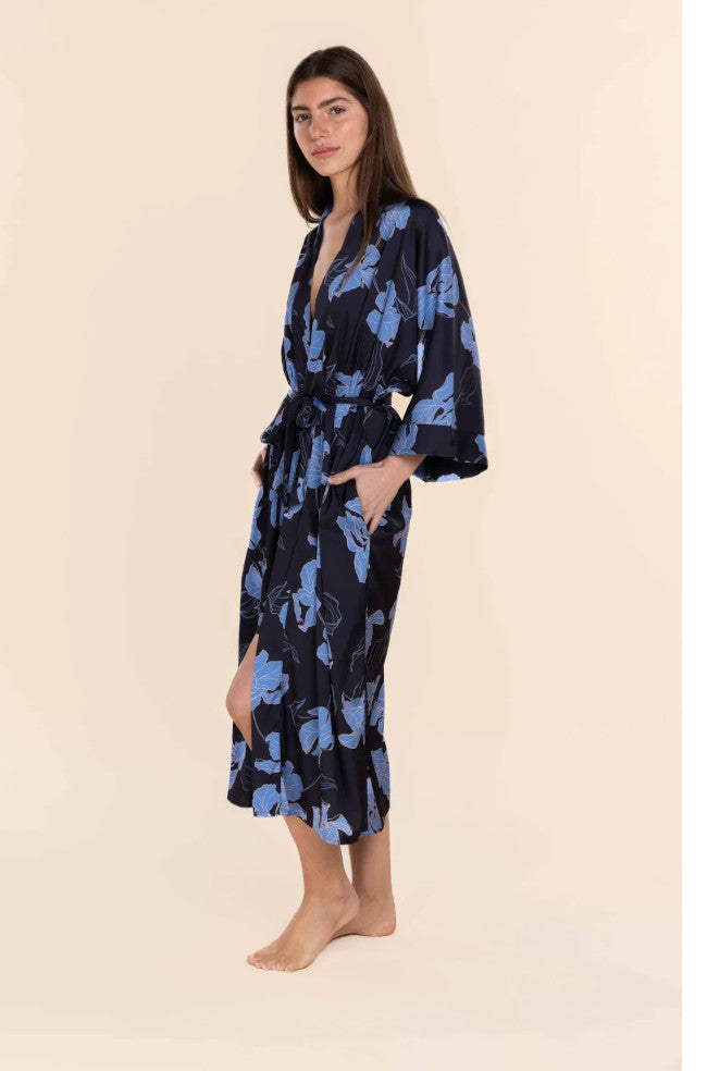 Navy silky satin long robe with adjustable tie, made of recycled polyester, by Ginger Lily