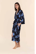 Navy silky satin long robe with adjustable tie, made of recycled polyester, by Ginger Lily