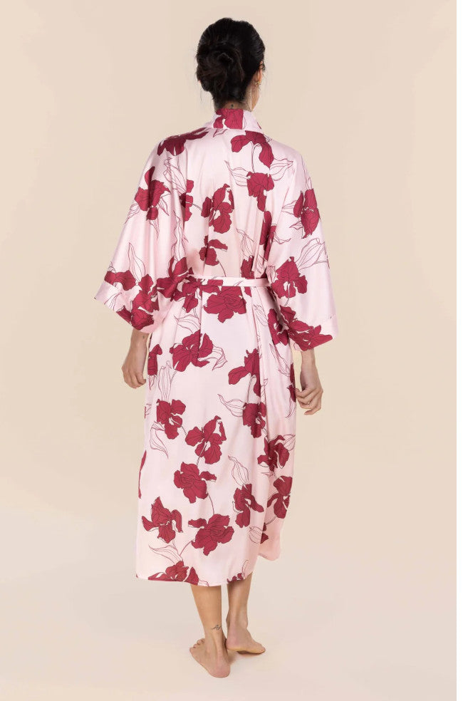 Pink satin long robe with adjustable waist in Iris print, made from recycled polyester by GINGER LILY.